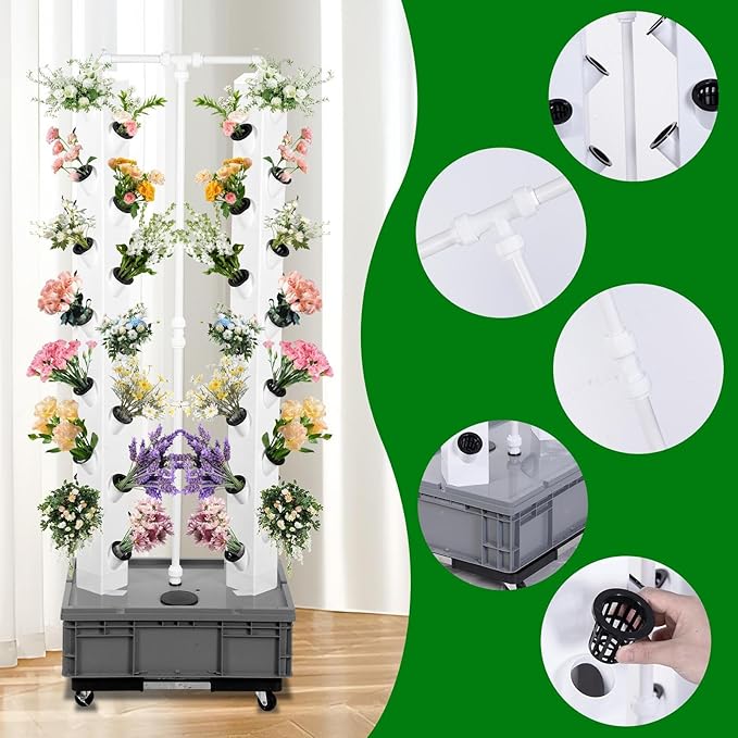 Tower Garden Hydroponic Growing System - 2 Racks 56-Plant Hydroponics Tower Indoor Hydroponic TowerSmart Hydroponic Garden Kit with Breeding Sponge/Seeding Trays/Water Pump/Timer