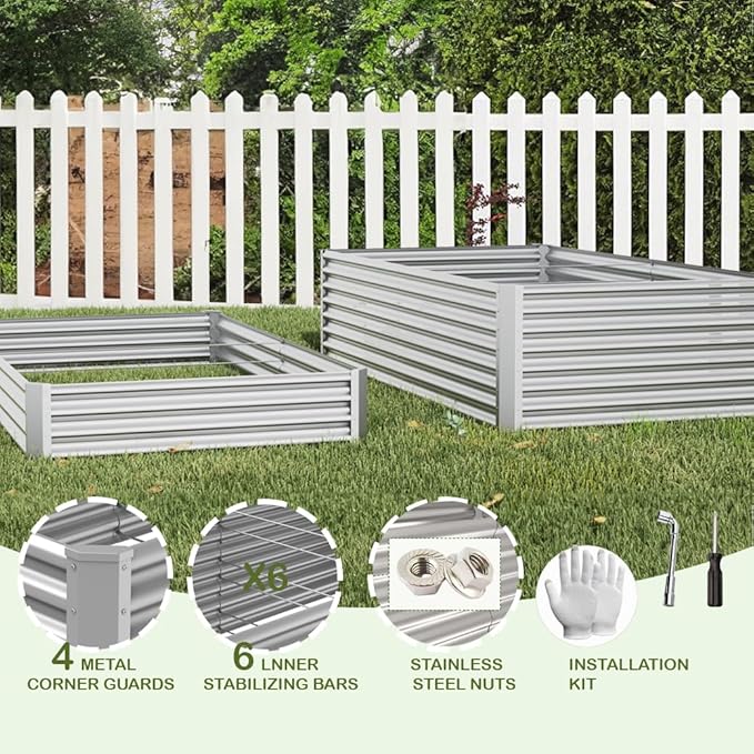 8X2X2ft Galvanized Raised Garden Bed for GardeningMetal Planter Boxes Outdoor Patio Kit Planting Bed for Vegetables Flowers HerbSilver