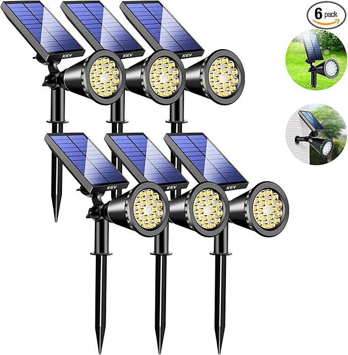 KEV 800 Lumens Solar Spot Lights Outdoor18 LEDs Solar Flood Lights with 2 Modes &ampAdjustable &ampIPX65 WaterproofSolar Spotlight for Driveway/Backyard/Patio Landscape/Tree/Garage(Warm White6 Pa