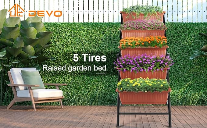 Suyncll Vertical Raised Garden Bed Planter Box5 Tiers Vertical Garden Planter with Drainage System&amp4 Hooks for Herb Vegetables Flowers Brick Red
