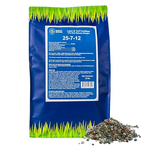 Supply Solutions 25-7-12 Lawn and Turf Fertilizer - 15% Slow Release Nitrogen Lawn Fertilizer for All Grass Types Shrubs - Turf Builder Plant Food Covers 6250 sq.ft (25lbs)