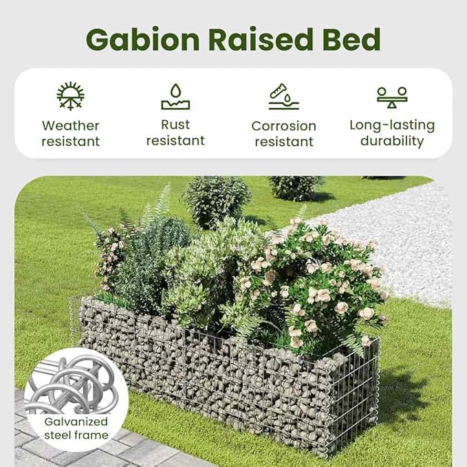 vidaXL Gabion Raised Bed Proof Galvanized Steel High Load Capacity Spacious Design Ideal for Garden and Patio Outer Dimensions - 70.9x19.7x19.7