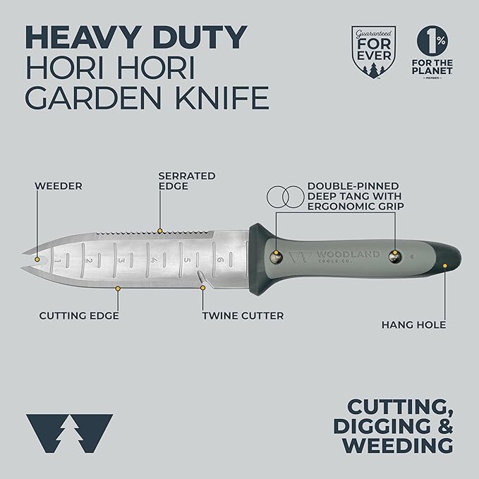 WOODLAND TOOLS Heavy Duty Hori Hori Garden Knife - Stainless Steel Soil Knife with Serrated Edge Depth Markings and Ergonomic Grip Multi-Use Weeding and Digging Tool with Sheath for Gardening