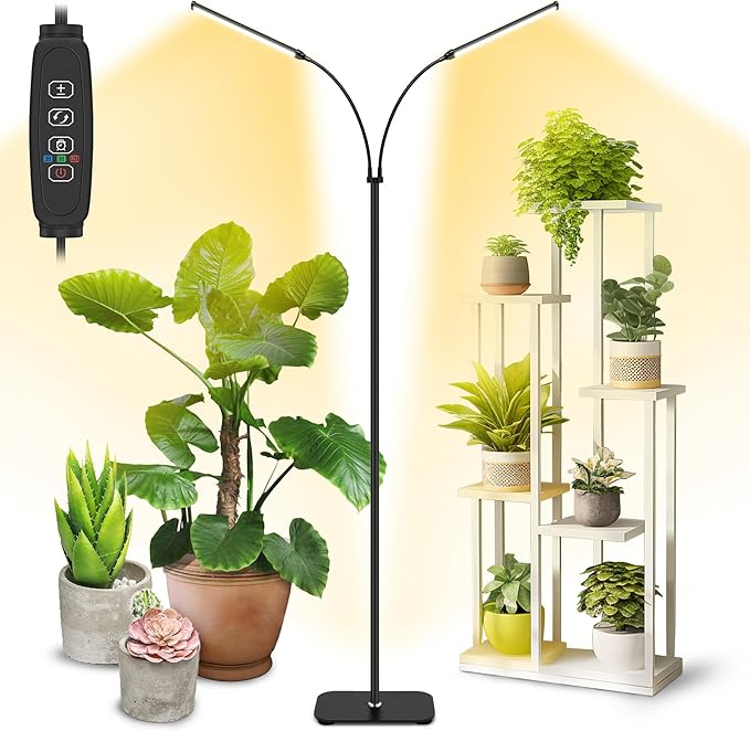 Plant Grow Light Dual Head 40W Indoor Growing Lights144LEDs Full Spectrum Wide Illumination Area 63IN Adjustable Height Stand 10 Dimmable 3/9/12H Auto Timer Floor Lamp for Plants Growth