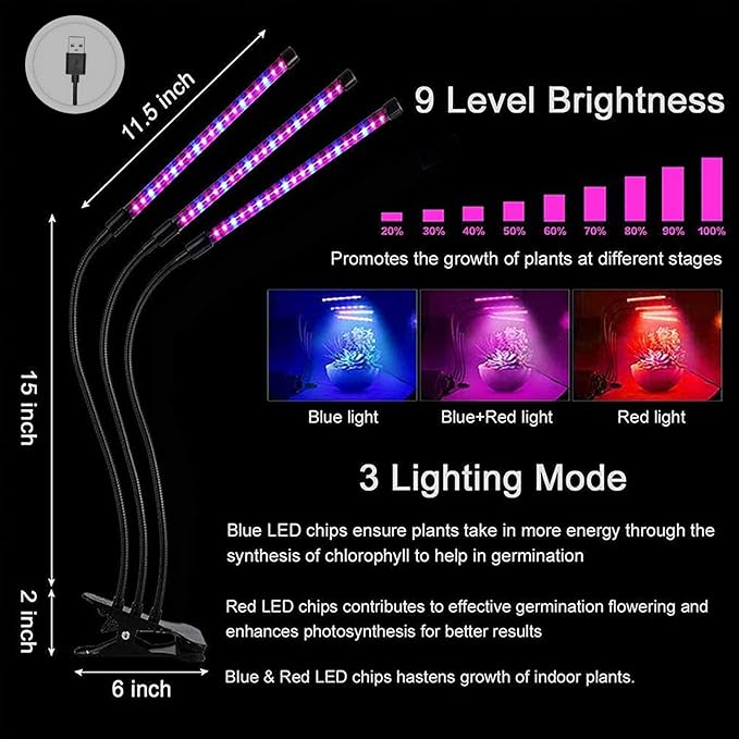 Grow Light for Indoor Plants 3 Heads Growing Lamps 3/9/12H Auto Timer Full Spectrum Planting Lights for Greenhouse Plants Flowers Veg Succulents Potted Growth Adjustable Gooseneck 3 Switch Modes
