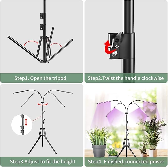 Grow Light with Stand for Indoor Plants Full Spectrum Upgrade 4-Head Plant Lights Grow Lamps Auto ON/Off Growing Light with 4/8/12H Timer Tripod Adjustable 15-60inch