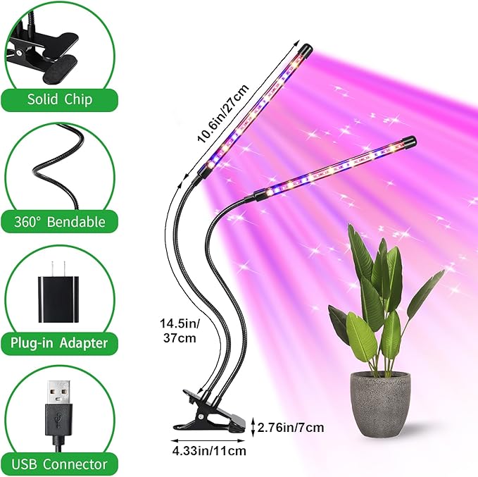 2 Head 2 Pack LED Plant Grow Light with Flexible Gooseneck Suitable for Indoor Plants Full Spectrum Clip on Plant Growing Light with Red Blue Yellow Beads 10 Brightness Levels 3/9/12H Auto Timer