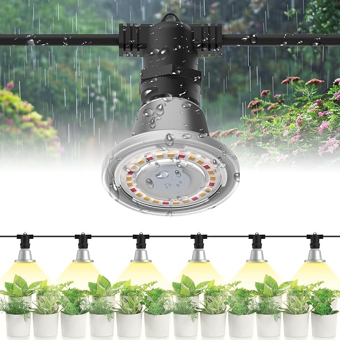SANSI Hanging Grow Light String for Indoor Outdoor Plants 6 LED Grow Light Bulbs 72W with Optical Lens for High PPFD IP65 Waterproof Plant Grow Lamp for Greenhouse Garden (Upgraded)