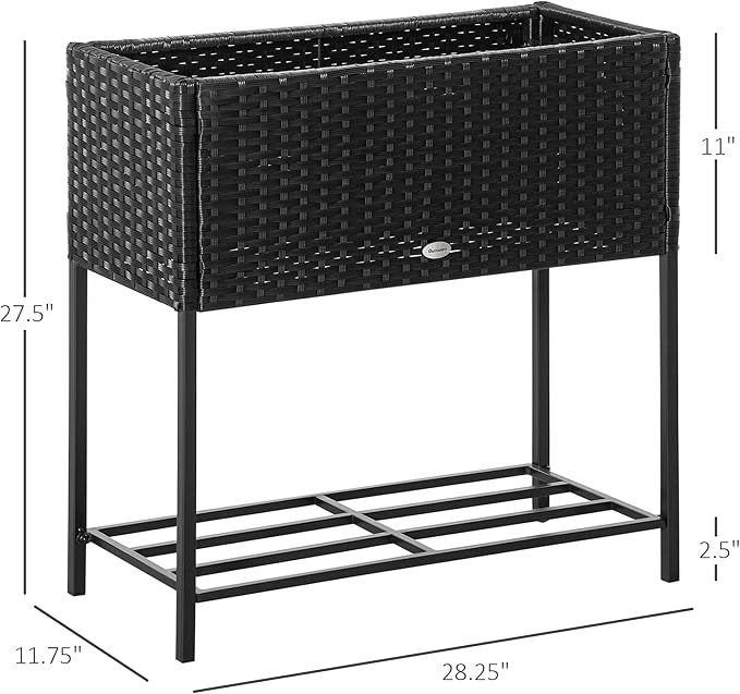 Raised Garden Bed Elevated Planter Box with Rattan Wicker Look Tool Storage Shelf Portable Design for Herbs Vegetables Flowers Black