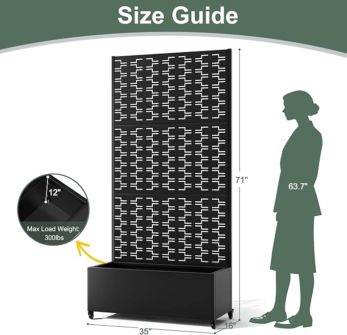Planter Box with Trellis and Wheels Metal Privacy Screen with Garden Beds Outdoor for Climbing Plants Standing Planter Boxes with Drainage Holes (35 L×16 W×71 H Black Rectangle)