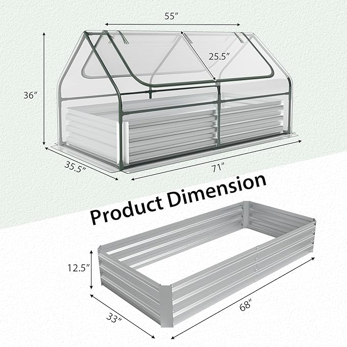 Raised Garden Bed with Cover - 6 x 3 x 3Ft Galvanized Steel Planter Box Kit with 2-Tier Roll-Up Zipper Windows Outdoor Mini Greenhouse for Growing Fruit Vegetable Flower Herbs