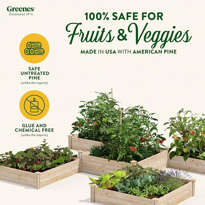 Greenes Fence Original Pine Raised Garden Bed 80 Sq. Ft. 12' x 12' x 10.5-14 - Made in USA with American Pine