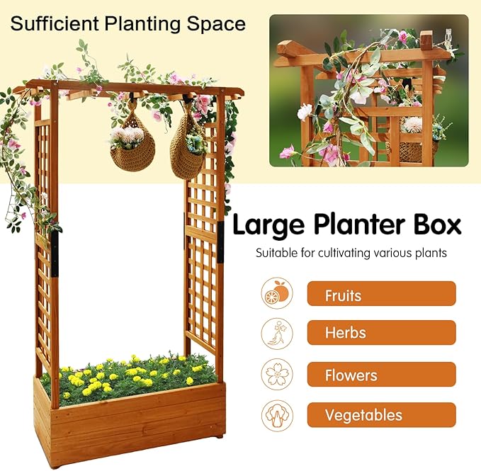 Raised Garden Bed with Wood Trellis Outdoor Planter Box for Tomatoes Climbing Vegetables Herbs Flowers Patio Pots Hanging Roof &amp 2 Drainage Holes 66.1 Inch Tall (Orange)