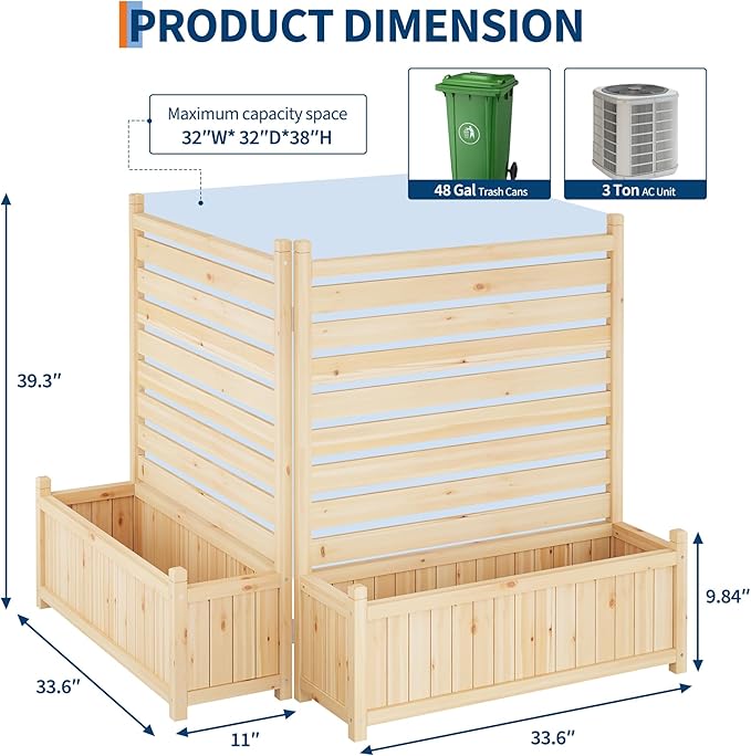 34x40 in Outdoor Privacy Fence Panels 2-Panel Wood AC Unit Screen with Planter Box Wood Privacy Fence Panels for Outside Yard Fence for Air Conditioner Trash Can Pool Patio &amp Backyard Decor
