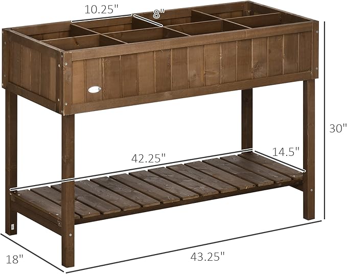 43x18x30in Raised Garden Bed with 8 Pockets and Shelf Wooden Elevated Planter Box with Legs to Grow Herbs Vegetables and Flowers Dark Brown
