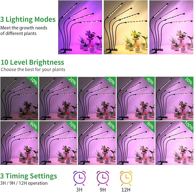 4 Head LED Plant Grow Light Full Spectrum Clip on Plant Growing Light with Red Blue Yellow Beads 10 Brightness Levels 3 Light Modes 3/9/12H Auto TimerSuitable for Indoor Plants