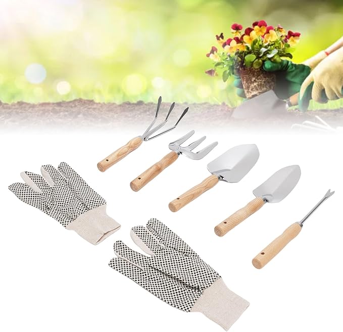 Garden Hand Tools Set Includes Heavy Duty Stainless Steel Shovel Trowel Puller Hand Fork Rake with Canvas Gloves Garden Weeder Fork with Wood Handles for Growing Vegetables