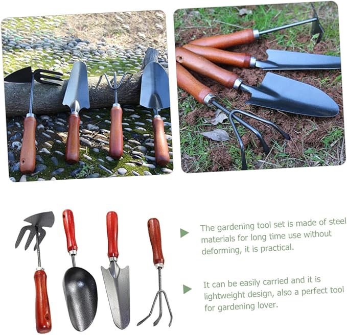 Artibetter 4pcs Mini Gardening Tool Set with Metal Shovel Narrow Spade 3-Prong Rake and Dual-use Hoe Hand Tools for Planting and Soil Scooping in Garden and Potted Plants