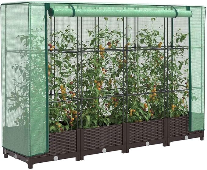 Raised Garden Bed with Greenhouse Cover Brown Polypropylene Polyethylene Iron 63x15.7x48.4 Inch Planter Box for Outdoor Plants Rattan Look