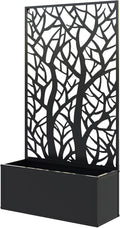 Black Metal Raised Garden Bed 24x9.1x44.5in with Elegant Tree-Motif Privacy Panel &amp Trellis 110lb Load Cap Drainage-Aerated Rust-Prevented Finish