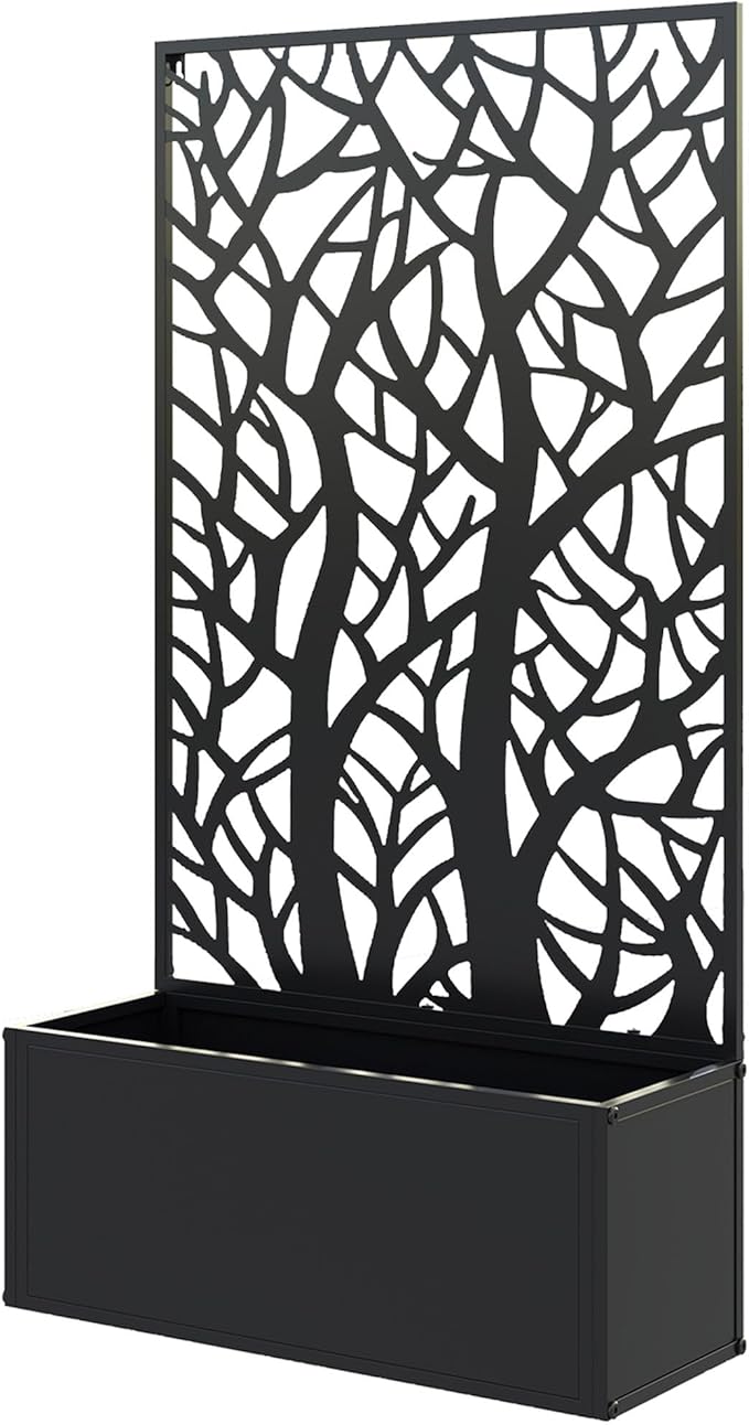 24inL x 9.1inW x 44.5inH Black Metal Planter Featuring Two Large Tree Cut-Out Trellises 110lb Support Weather-Resistant Coating Wall or Stand Use