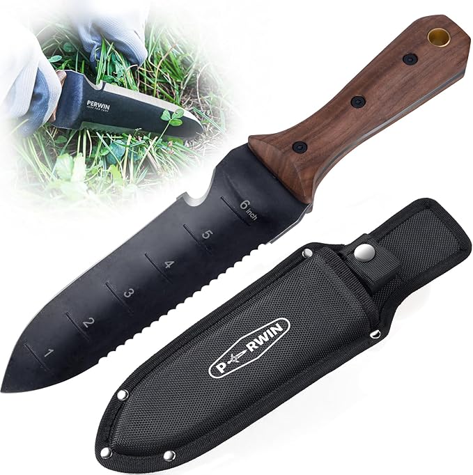 Hori Hori Garden Knife Garden Tools with Sheath for Weeding Planting Digging 7 Stainless Steel Blade with Cutting Edge Full-Tang Wood Handle with Hanging Hole