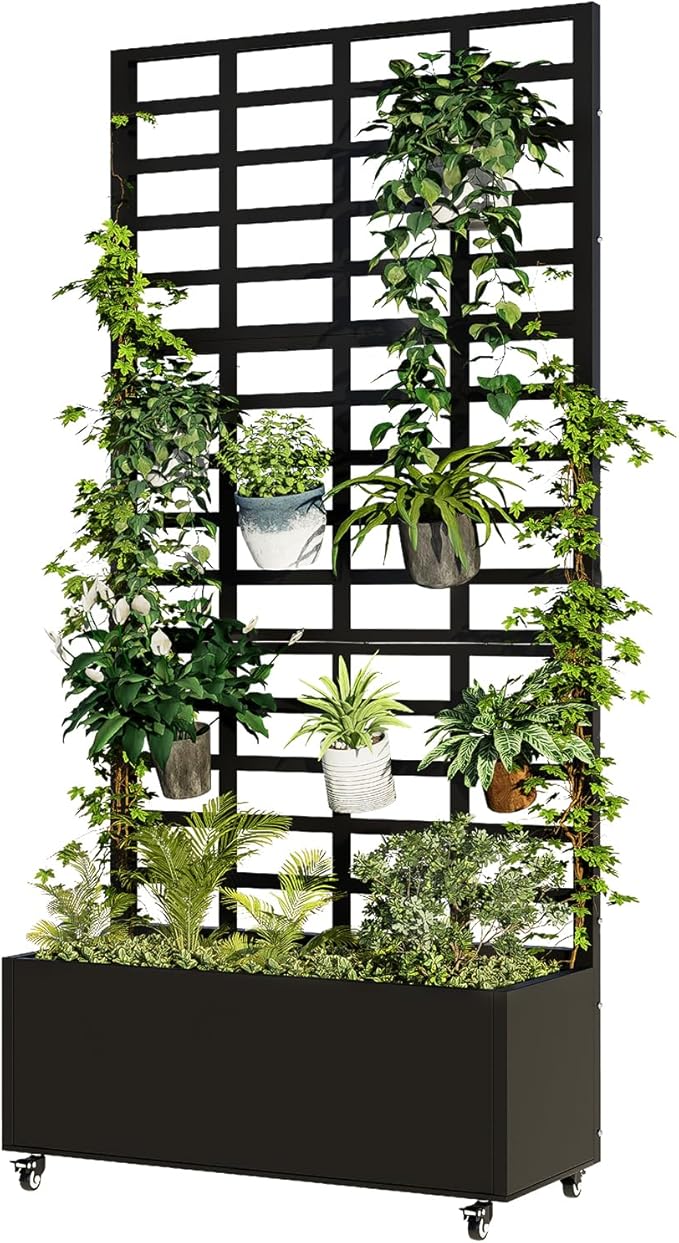 Metal Planter Box with Trellis for Climbing Plants 74.8x35.83x15.16 Raised Garden Bed with Privacy Screen Outdoor Planter with Drainage Holes Black