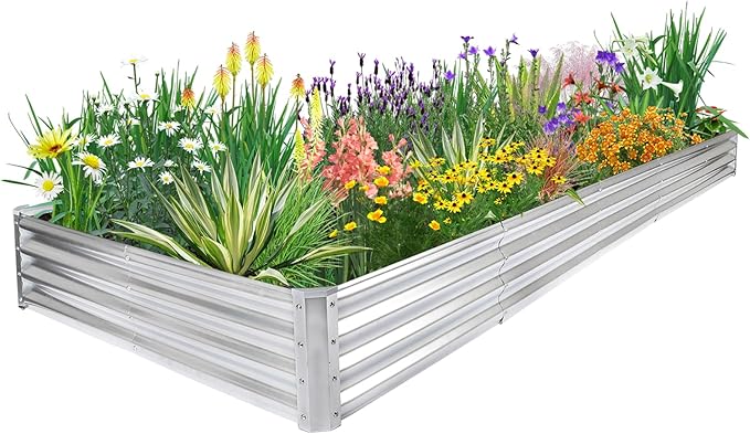 JERIA 12×4×1ft Raised Garden Bed with Support RodsGalvanized Raised Garden Bed Kit Outdoor Metal Gardening Planter Box for Vegetable Fruits Flower