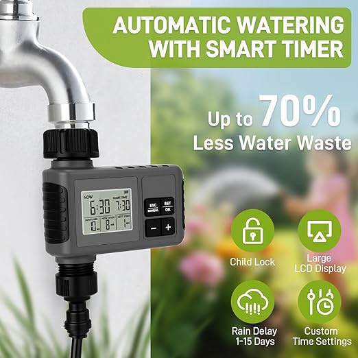 66FT Drip Irrigation Kit with Timer Automatic Garden Watering System with Flexible 360° Bendable Hose &amp Adjustable Emitters Drip Irrigation System for Greenhouse Yard Flower Bed Lawn &amp Pl