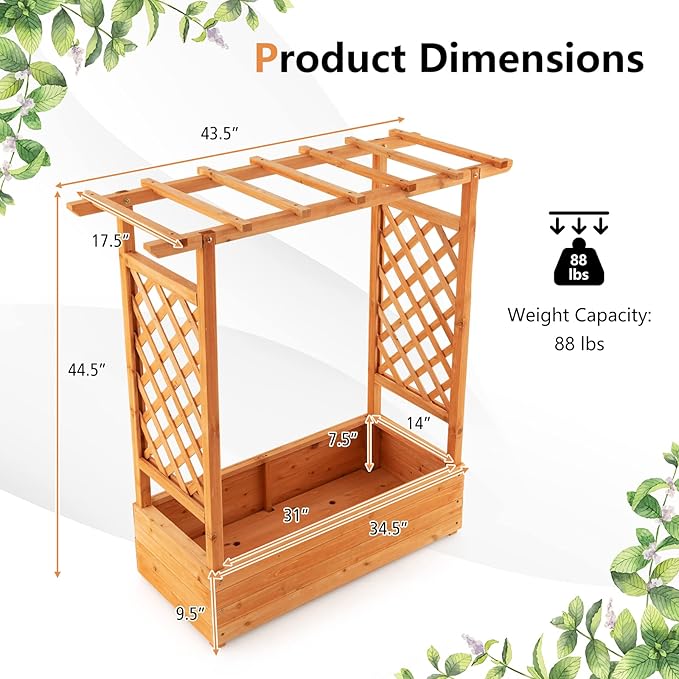 S AFSTAR Raised Garden Bed with Arch Trellis Wood Planter Box with Hanging Roof Side Trellis 4 Drainage Holes Above Ground Elevated Garden Bed for Outdoor Climbing Plants Vines Patio