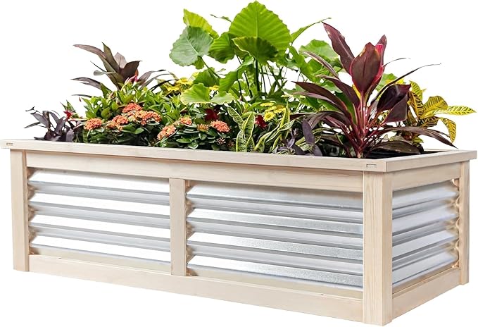 Wood Garden Raised Bed Outdoor Plant Box Planters for Outdoor Plants with Galvanized Metal for Herbs Vegetables Flowers Great Patio Deck Balcony 4X2FT