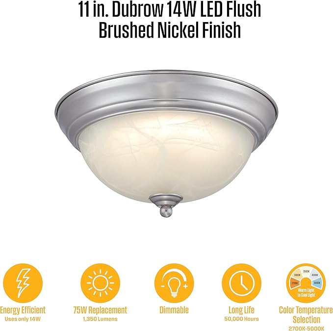 Westinghouse Lighting 6137100 Dubrow Traditional One-Light 11 Inch 14 Watt LED Indoor Flush Mount Fixture with Color Temperature Selection Brushed Nickel Finish White Alabaster Glass Shade