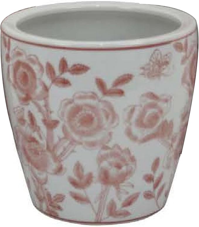 Accent Planter Pot Set of 4 Pink Floral Pattern White Ceramic