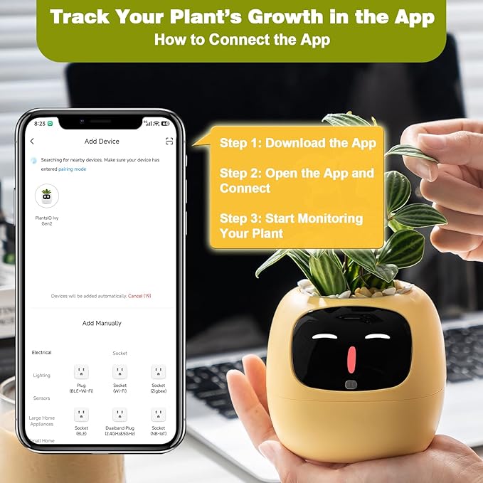 Smart Planter with App Control Self-Watering AI Plant Pot with LCD Display Interactive Desk Plant Companion for 100+ Plants Smart Indoor Planter with Pomodoro Timer80ml ReservoirCalendar-Yellow