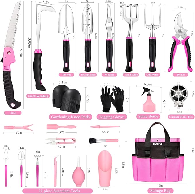 Pink Garden Tool Set Gardening Items for Women - 24PCS Heavy Duty Garden Tools with Detachable Storage Bag Succulent Tool Set Weeder