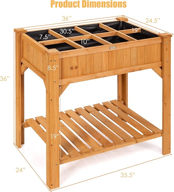 Giantex Raised Garden Bed Elevated Planter Box Kit with 8 Grids &amp Liner for Herbs Vegetables Flowers Outdoor Solid Fir Wood Planting Container with Legs &amp Storage Shelf for Backyard Patio (N