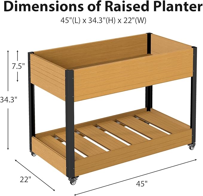 WPC Raised Garden Bed Waterproof Elevated Planter Box with Legs and Wheels for Outdoor Standing Patio Planters for Vegetables Flowers Herbs with Drainage Holes Yellow Teak