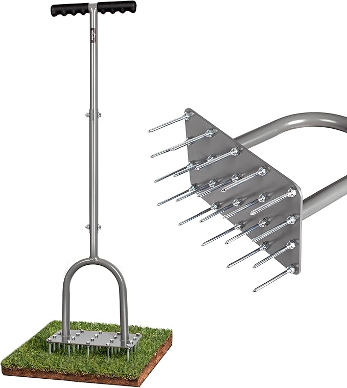Walensee Four-Row Spike Lawn AeratorManual Heavy-Duty Steel Aerator Lawn Tool with 20 Sharp SpikesIdeal for Small YardsLawn EdgesSpot Seeding &amp Soil PrepBare Spots RepairGardening Aeration T