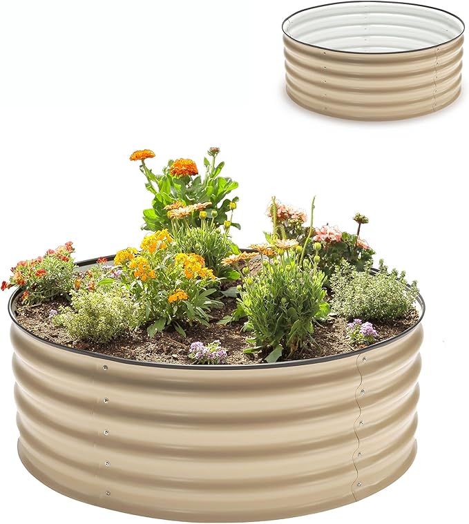 Epic Gardening 5-in-1 Modular Galvanized Raised Garden Bed Kit 15 Tall Metal Planter Box Durable Aluzinc Steel Raised Garden Bed Outdoor for Vegetables Herbs Flowers &amp Fruits - Round - Light