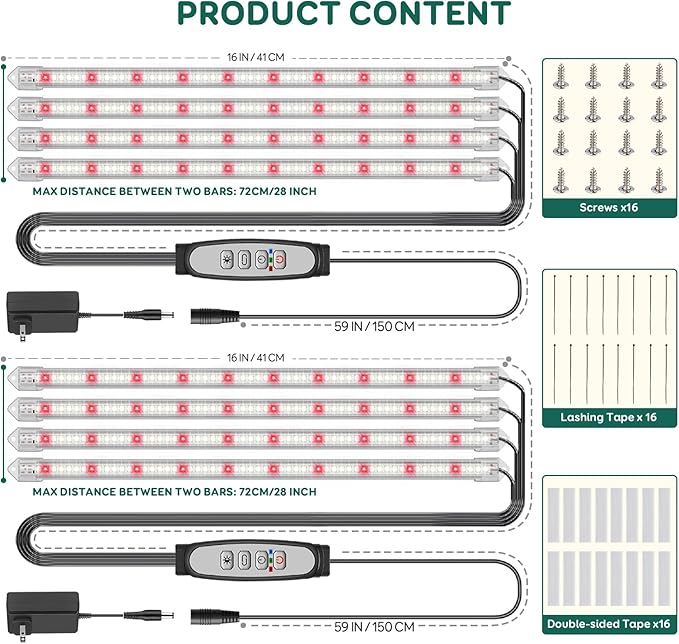 4-Bar Grow Light Strips for Indoor Plants 16 Full Spectrum Plant Lights 6500K Sunlike Grow Lights with 6/12/18H Timer 5-Level Dimmable for Indoor Growing(2 Pack)