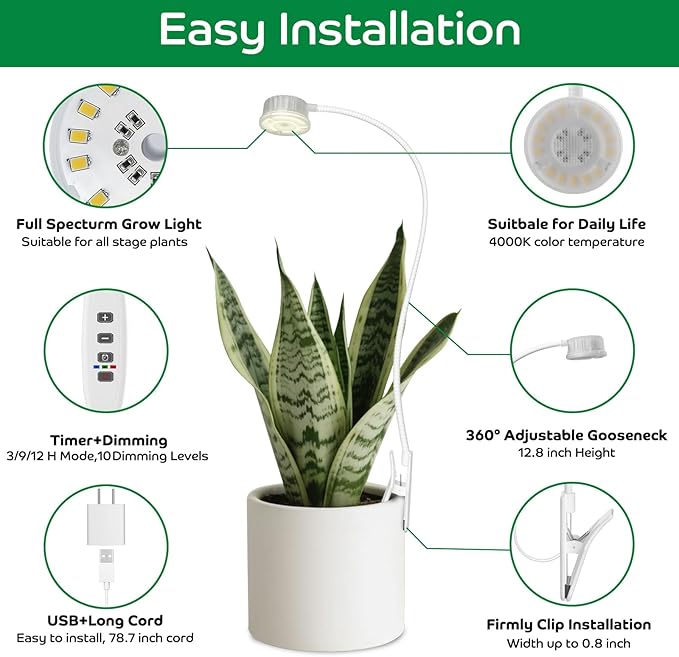 Grow Lights for Indoor Plants Growing Pot Clip On Full Spectrum LED Plant Lights with Adjustable Gooseneck and 10L Brightness 3/9/12 Hrs Auto On Off Timer for Indoor Small Plants (3 Packs)