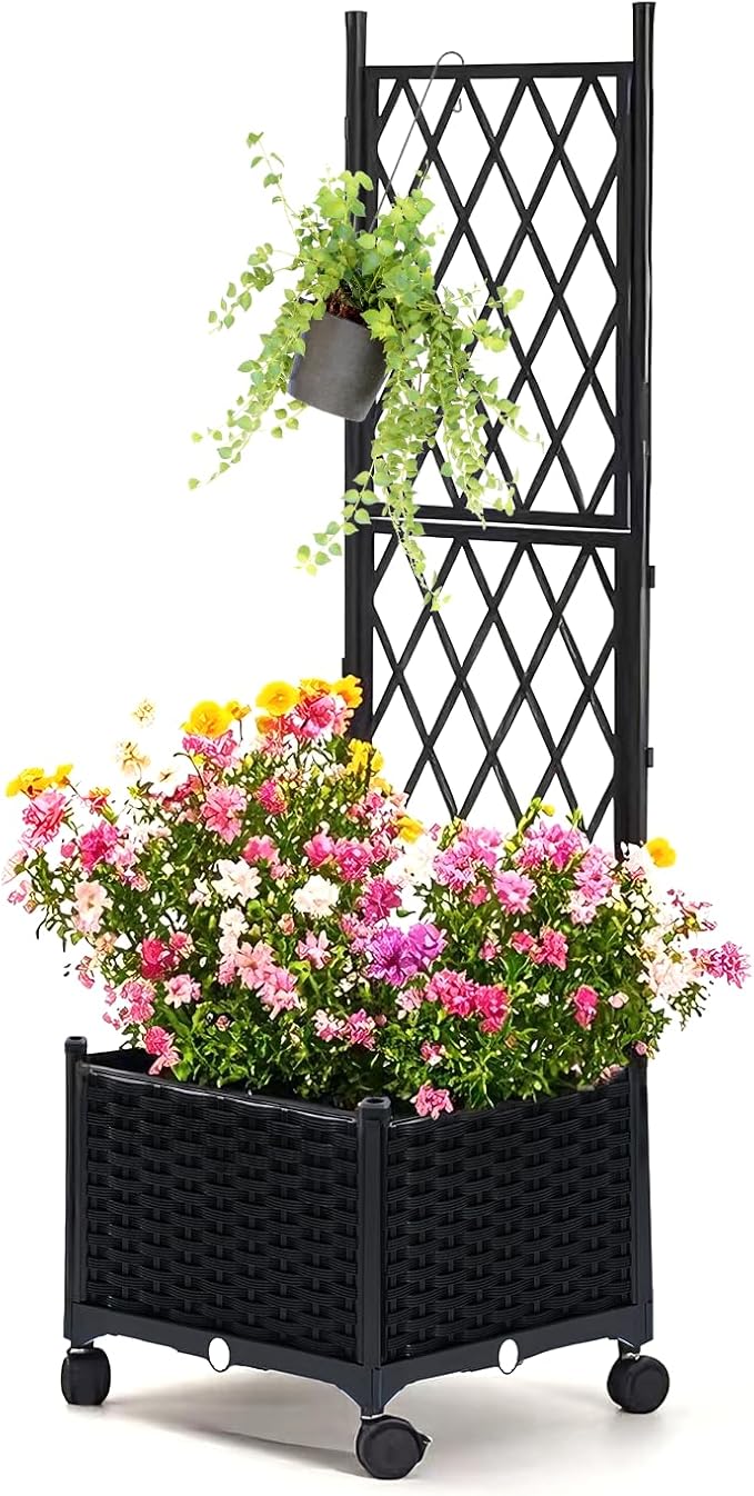 lalahoni Planter with Trellis 4ft Tall Trellis Planter Box with Lockable Wheels for Outdoor Plants Tomato Flower Vegetable Herb Vine Resin Self-Watering Raised Bed with Trellis &amp Drainage Hole
