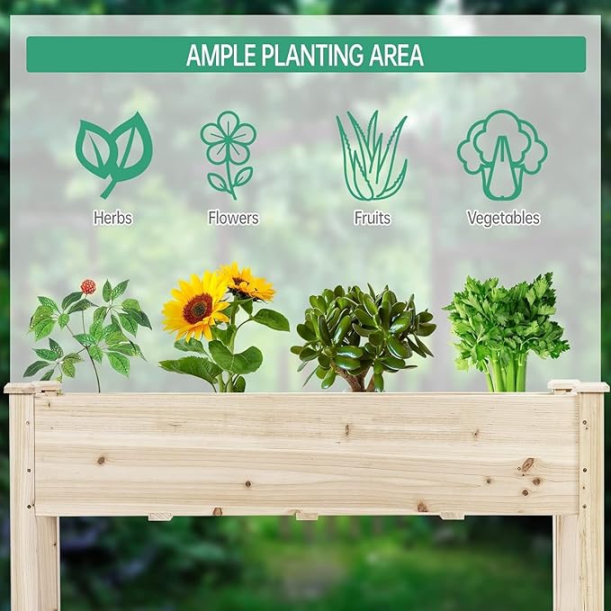 COSTWAY Raised Garden Bed Elevated Fir Wood Planter Box for Vegetables Herbs &amp Flowers – 47.5” x 17” x 20” for Backyard Patio &amp Balcony