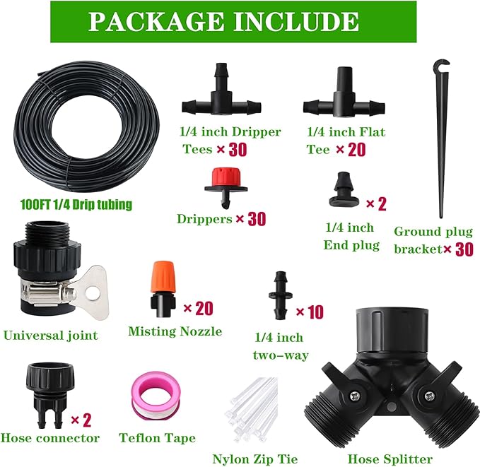 Drip Irrigation Kit Garden Irrigation System 1/4 Blank Distribution Tubing Watering Drip Kit/DIY Saving Water Automatic Watering System for Garden Greenhouse Flower Bed Patio Lawn