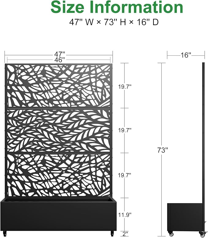 Casaphoria Metal Raised Garden Bed with Trellis and Wheels 72x 47x 16 Planter Box for Climbing Plants Vegetables &amp Vines Features Drainage Holes and Privacy ScreenBlack(Black-Spring&ampNet