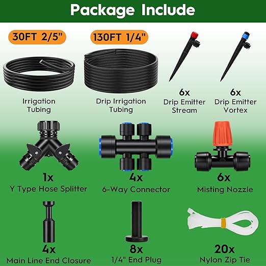 2026-Upgrade Quick-Connect Drip Irrigation System Garden Irrigation Kit with 2/5 &amp 1/4 Tubing and Adjustable Nozzles &amp Sprinklers Automatic Watering System for Garden Lawn Greenhouse