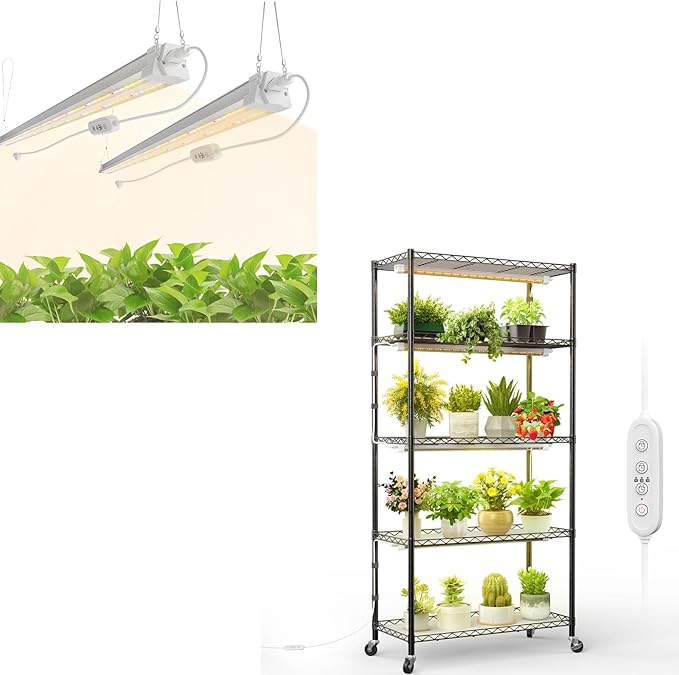 FREELICHT 5 Tier Plant Shelf with 4-Pack 2FT 30W LED Grow Lights with Timer+ 2 Pack 4FT 40W Grow Light with Timer Sunlike Full Spectrum Plant Light for Hydroponic Indoor Plant Seedling Veg