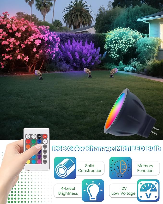 RGB MR11 LED Bulbs Color Changing GU4 Bi-pin Base Warm White+15 Multicolors and 4-Level Brightness on Remote Control 12V MR11 Halogen Bulb Replacement