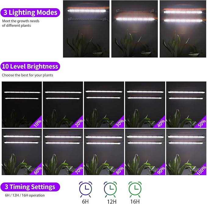 LED Grow Light Strips for Indoor Plants 16‘’ Full Spectrum 240 LEDs with 4 Install Methods 6/12/16H Timer 10 Dimmable Levels 3 Switch Modes for Seedling Succulent Sunlike Strip (2 Head 2 Pack)