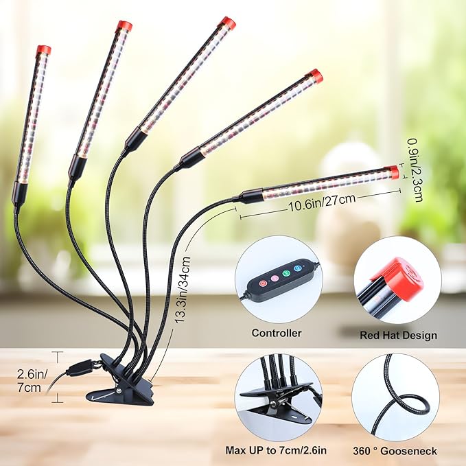 FECiDA Gamechanger 2026 45 Watt Power Draw NO Need Adapter 5Head Strong Clip Grow Lights for Indoor Plants with 4/8/12/16/20H Timer LED Plant Growing Lamps for Houseplants Bonsai Seed Starting
